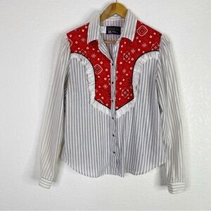 Vintage Panhandle Slim Striped Paisley Ruffle Pearl Snap Button Down Blouse